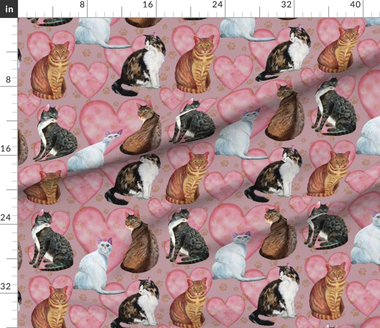 Cat Lover Hearts Pink Feline Meow Kitties Kittens Breeds Love Tabby Custom Printed Fabric by Spoonflower Various Fabrics by the Yard or Fat Quarter